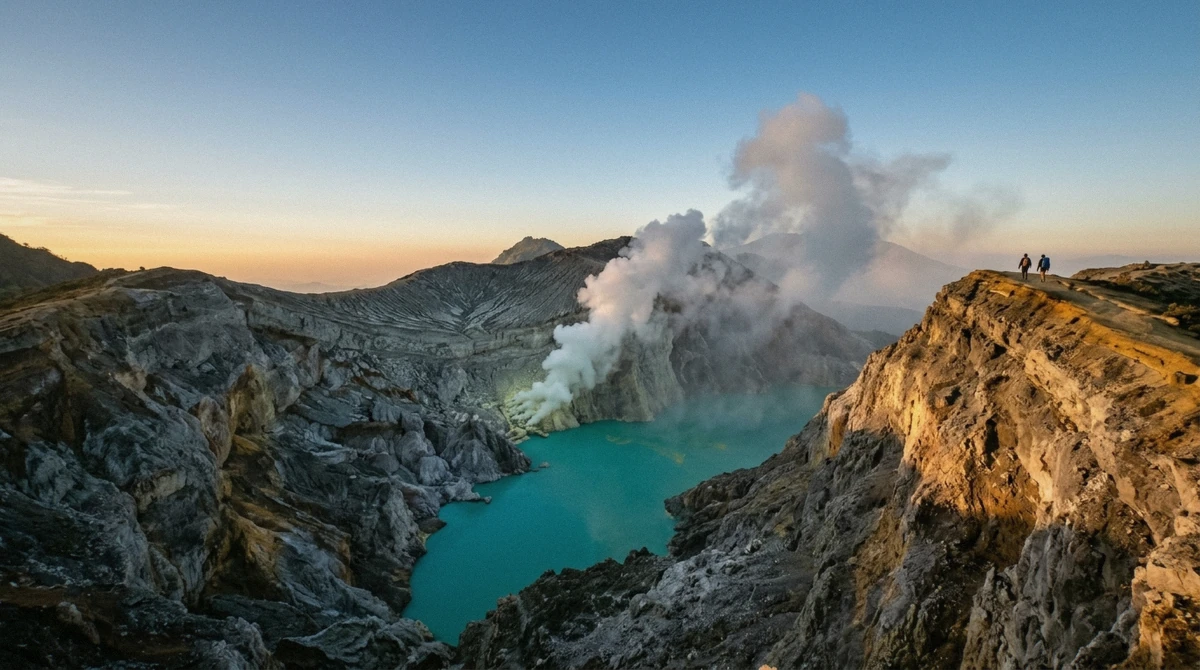 Blue flame burning among sulfur vents on the crater floor at Kawah Ijen, the ijen blue fire in full darkness