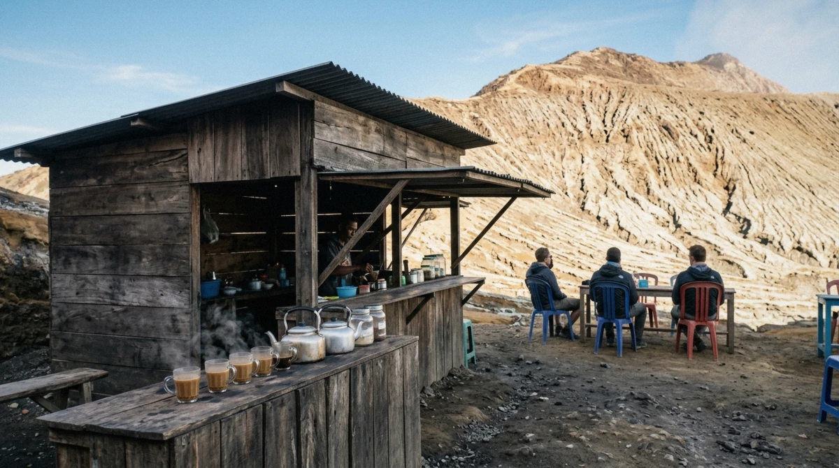 Ticket window and gas mask rental stall at the Paltuding basecamp gate where the Mount Ijen entrance fee is paid