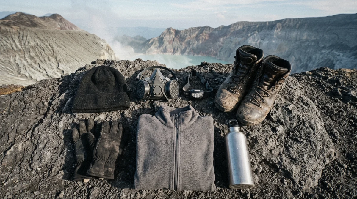 Layered jacket, headlamp and gas mask laid out before a Mount Ijen hike, the full gear list for what to wear ijen hike