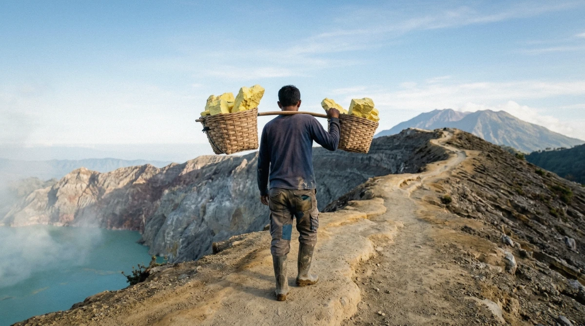 Sulfur miner carrying baskets past the ijen blue fire at the crater floor before dawn